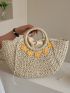 Faux Pearl & Applique Decor Drawstring Design Straw Bag