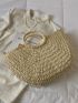 Faux Pearl & Applique Decor Drawstring Design Straw Bag