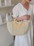 Faux Pearl & Applique Decor Drawstring Design Straw Bag