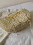 Faux Pearl & Applique Decor Drawstring Design Straw Bag