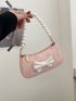 Mini Floral Pattern Bow Decor Baguette Bag