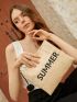 Letter Graphic Pom Pom Decor Straw Bag