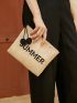 Letter Graphic Pom Pom Decor Straw Bag