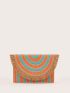 Colorblock Fringe Trim Flap Straw Bag
