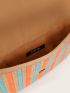 Colorblock Fringe Trim Flap Straw Bag