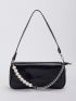 Faux Pearl Decor Flap Chain Baguette Bag