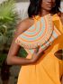 Colorblock Fringe Trim Flap Straw Bag