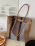 Color Block Fringe Trim Straw Bag