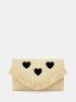 Fringe Trim Heart Embroidery Straw Bag