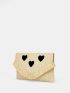 Fringe Trim Heart Embroidery Straw Bag