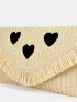 Fringe Trim Heart Embroidery Straw Bag