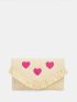 Fringe Trim Heart Embroidery Straw Bag