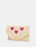 Fringe Trim Heart Embroidery Straw Bag