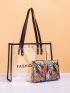 Clear Letter Graphic Contrast Binding Shoulder Tote Bag With Inner Pouch