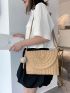 Pom Pom Decor Flap Straw Bag