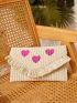 Fringe Trim Heart Embroidery Straw Bag
