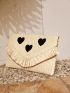 Fringe Trim Heart Embroidery Straw Bag