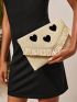 Fringe Trim Heart Embroidery Straw Bag
