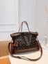 Geometric & Letter Graphic Studded Decor Large Capacity Top Handle Bag
