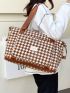 Letter Patched Detail Houndstooth Pattern Duffel Bag