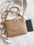Pom Pom Decor Flap Straw Bag