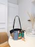 Letter Graphic Color Block Twilly Scarf Decor Straw Bag