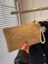 Weave Detail Square Bag With Faux Pearl Beaded Wristlet