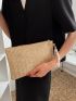 Weave Detail Square Bag With Faux Pearl Beaded Wristlet