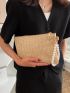 Weave Detail Square Bag With Faux Pearl Beaded Wristlet