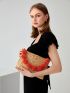 Pom Pom Decor Flap Straw Bag