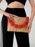 Pom Pom Decor Flap Straw Bag