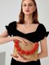 Pom Pom Decor Flap Straw Bag