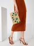 Pom Pom & Sequin Decor Coconut Tree Pattern Straw Bag