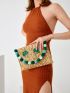 Pom Pom & Sequin Decor Coconut Tree Pattern Straw Bag