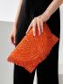 Fringe Trim Flap Straw Bag