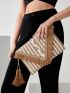 Tassel Decor Weave Detail Flap Square Bag
