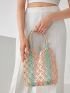 Colorblock Crochet Detail Straw Bag