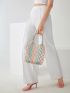 Colorblock Crochet Detail Straw Bag