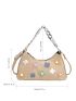Applique & Button Decor Chain Baguette Bag
