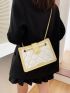 Letter Graphic Quilted Studded Decor Contrast Binding Chain Square Bag