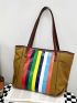 Block Striped Print Contrast Binding Shoulder Tote Bag