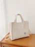 Letter Patch Corduroy Tote Bag, Casual Shoulder Bag Retro Style Crossbody Bag With Double Handle