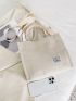 Letter Patch Corduroy Tote Bag, Casual Shoulder Bag Retro Style Crossbody Bag With Double Handle