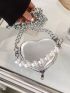 Mini Faux Pearl Beaded Metallic Heart Shaped Chain Novelty Bag