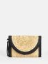 Tassel Decor Contrast Binding Flap Straw Bag