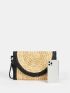 Tassel Decor Contrast Binding Flap Straw Bag