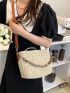 Chain Decor Drawstring Straw Bag