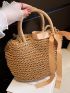 Tape Decor Drawstring Design Straw Bag