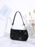 Quilted Rhinestone Decor Baguette Bag