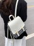 Houndstooth & Letter Graphic Buckle Decor Flap Backpack